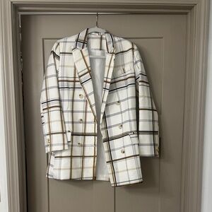 Source Unknown White and Tan Plaid Blazer
